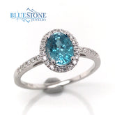 14 Karat White Gold Blue Zircon and Diamond Ring
